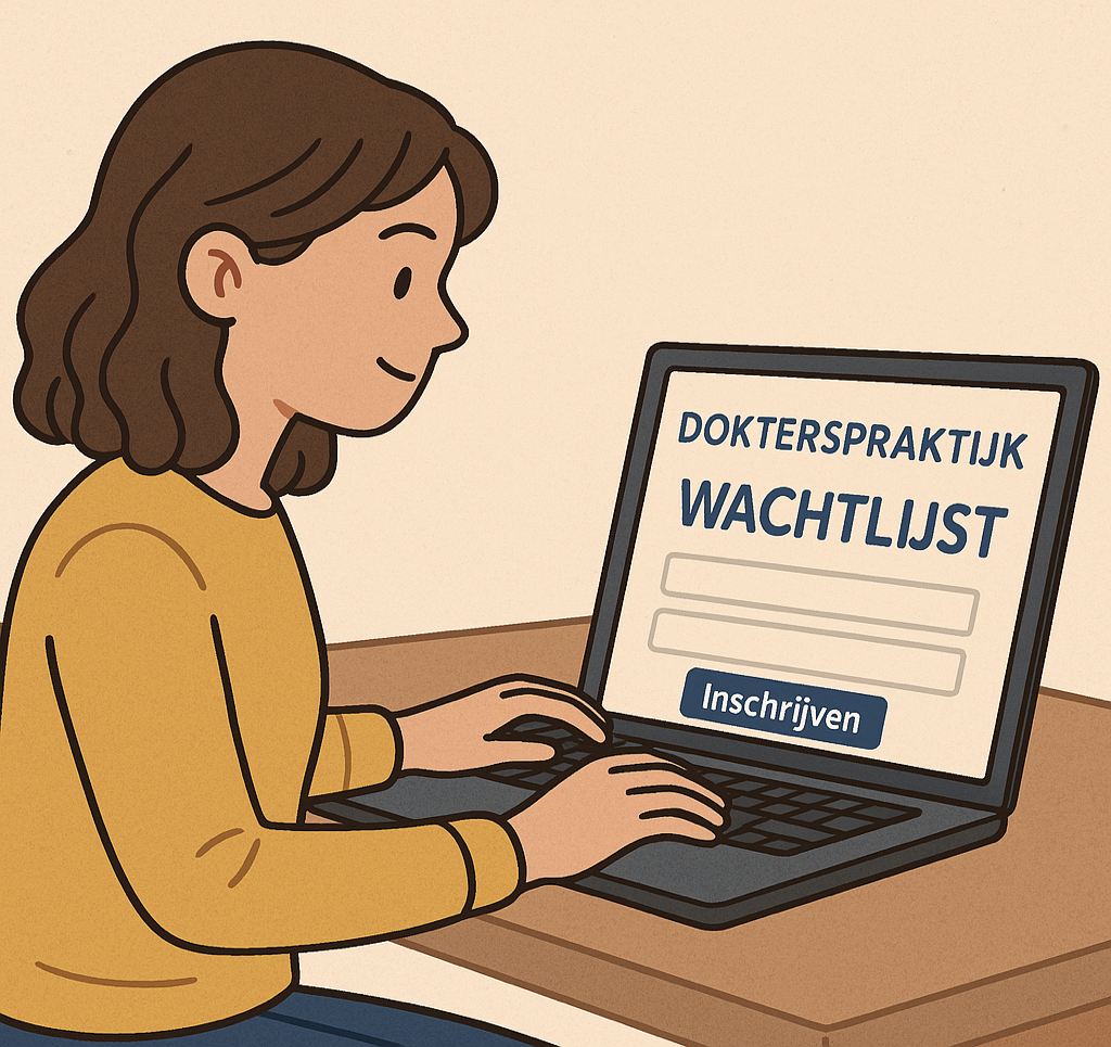 Persoon achter laptop die zich inschrijft voor wachtlijst bij huisarts